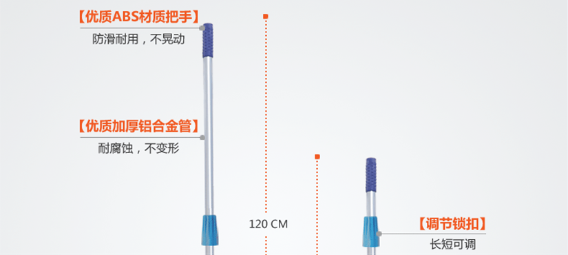 优质把手，防滑耐用，不晃动；优质加厚铝合金管，耐腐蚀，不变形；调节锁扣，长短可调